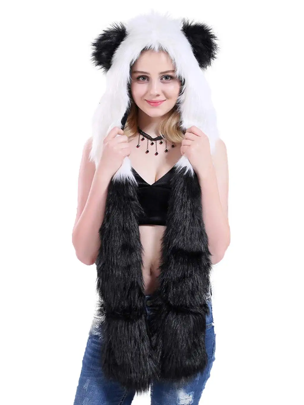 Panda ,Winter Novelty Faux Fur Hoods Animal Hat Scarf Gloves 3 in1 Fleece Hooded Plush Warm Earmuff Warcraft Cap