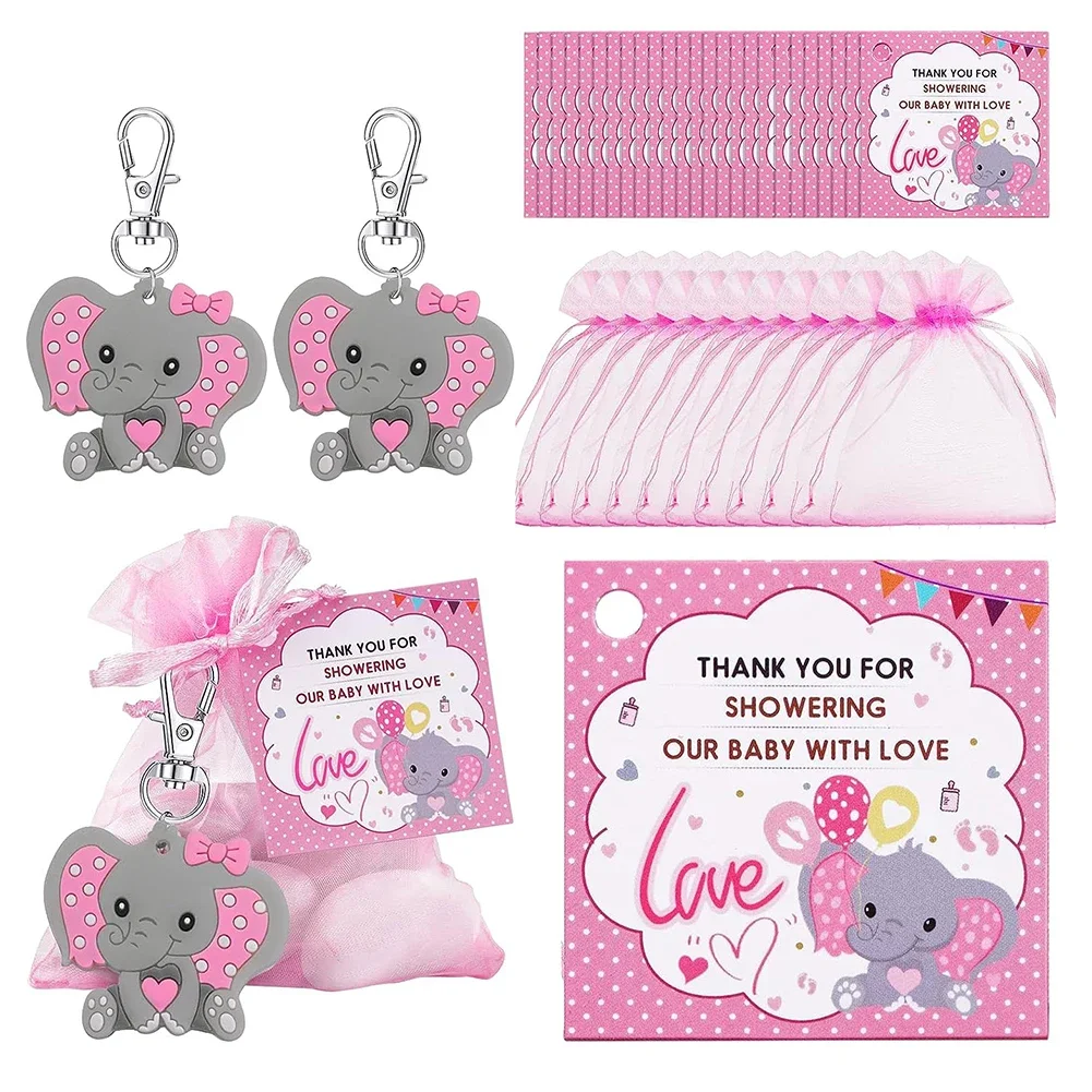 Set di portachiavi da 30 pezzi inclusi portachiavi con elefante borse con coulisse etichette di ringraziamento Baby Shower ospiti regali di ritorno