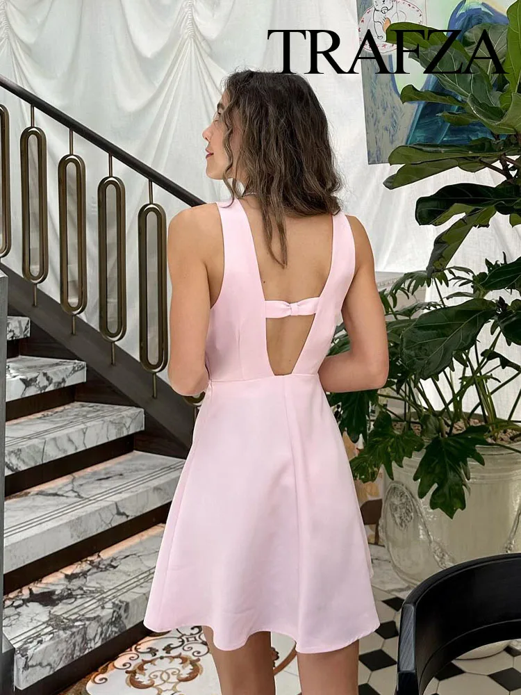 TRAFZA-Mini Robe Plissée Rose pour Femme, Tenue Élégante Chic, Sexy, Décolmétrage en V Profond, Dos aux, Fermeture Éclair Latérale, Slim, Douce, Soirée