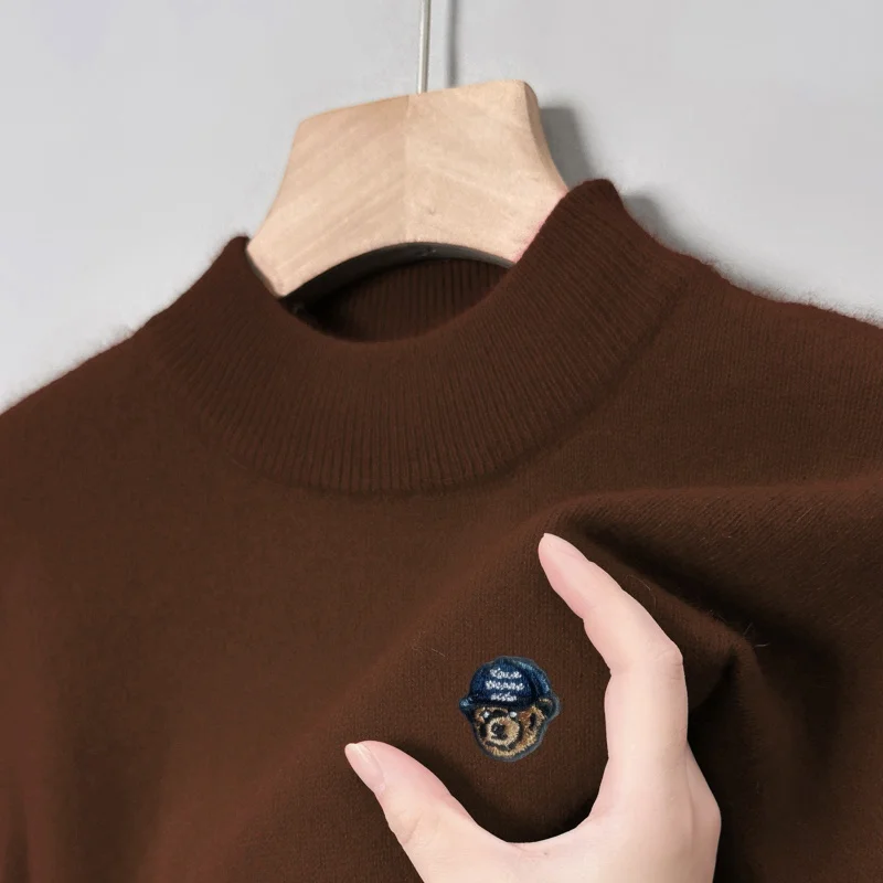 

Hot Selling Original Quality Men's Knitted Sweater Wool Semi High Neck Thick Bear Print Pullover Winter Versatile Warm Menswear