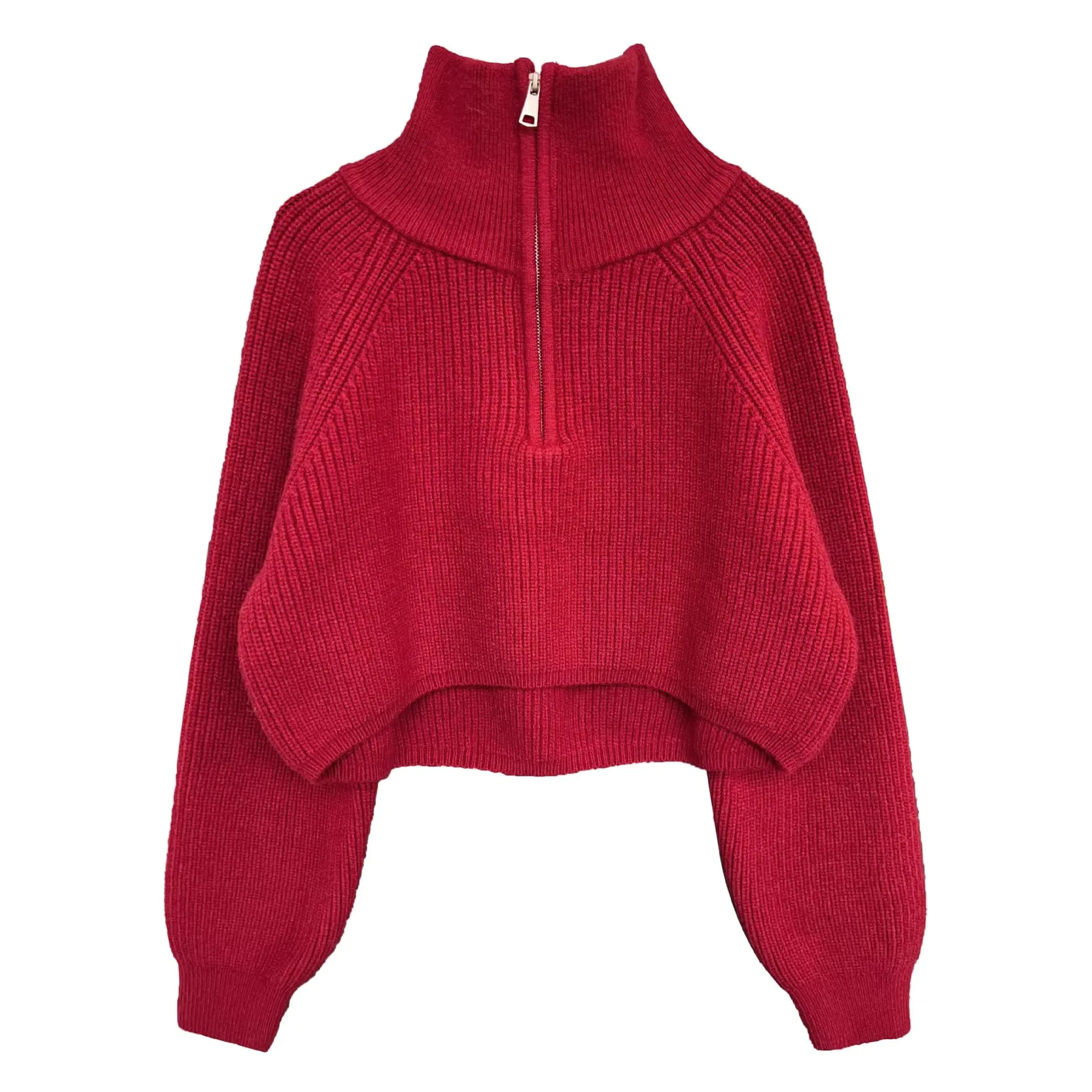 Autumn New Design Half High Collar Zipper Red Knitted Sweater Women\'s Short High Waist Sweater Loose Style