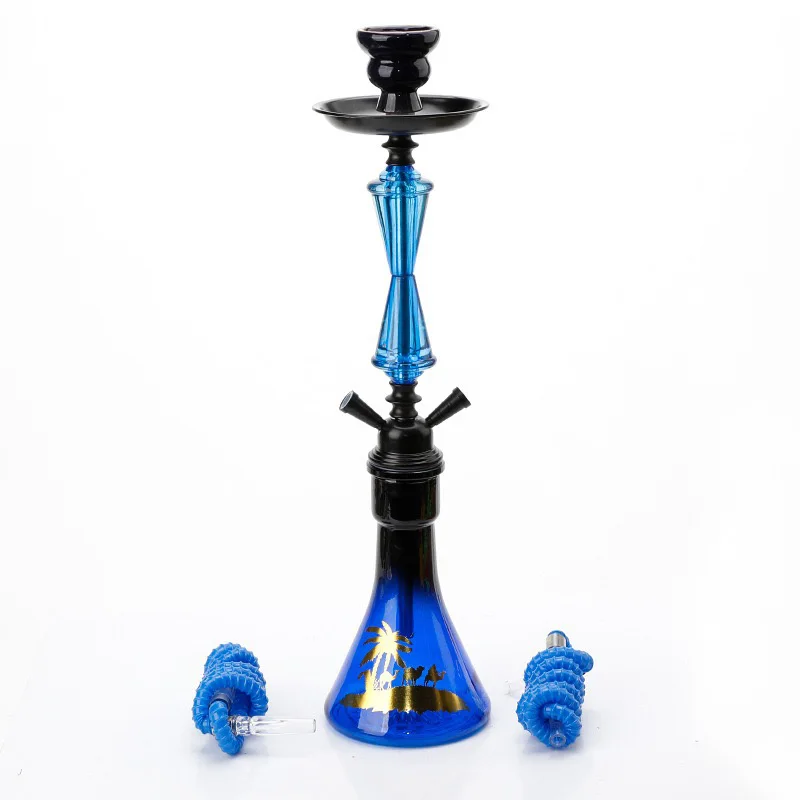 Hookah Set Complete  2‑Hose Shisha Hookah Set Blue Glass Shisha Hookah Kit with Camel Pattern for Home Bar Party Lounge