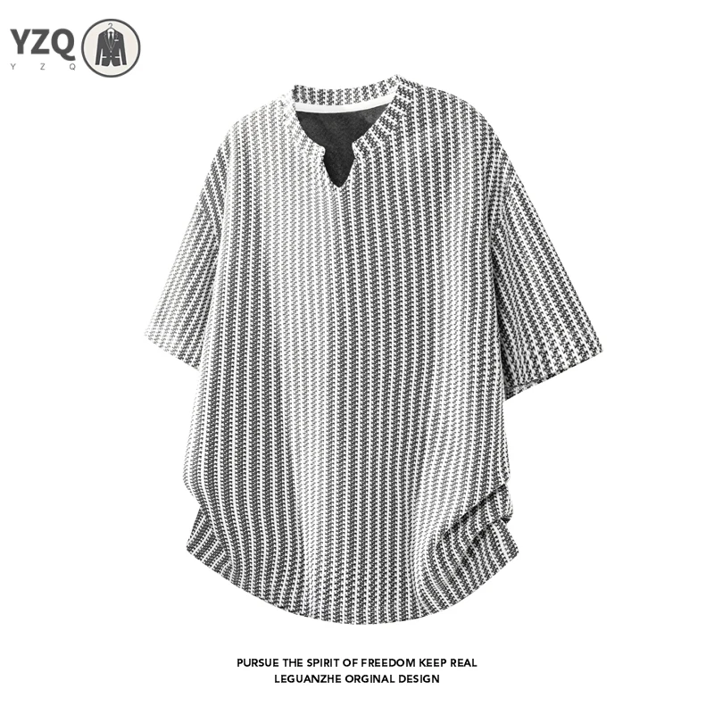 Men Oversized Curved Hem Short Sleeve T‑Shirt Notched Neck Vertical Striped Knit For Summer Street Wear And Home Relax Use
