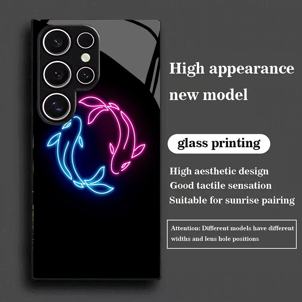 Double Fish Playful Tempered Glass Phone Case Suitable for Samsung Galaxy S26 S25 S24 S22 S21 S20 FE/Ultra/Plus Anti Drop