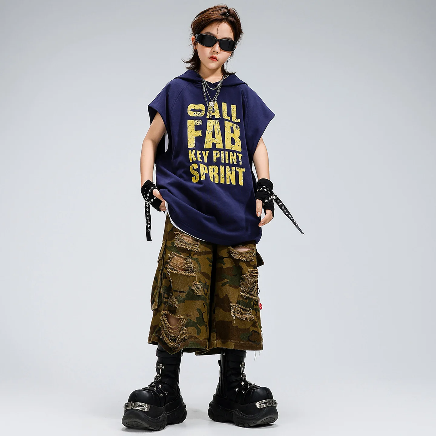 

Kid Kpop Hip Hop Clothing Navy Blue Hoodie Tank Camo Ripped Cargo Shorts Middle Pants for Girl Boy Dance Wear Costumes Clothes