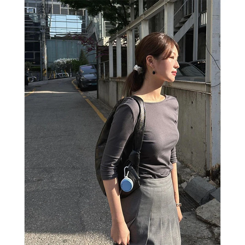 MEXZT Fashion T Shirts Women Streetwear Square Collar Crop Tops Ladies Elegant Korean Three Quarter Slim All Match Design Tees