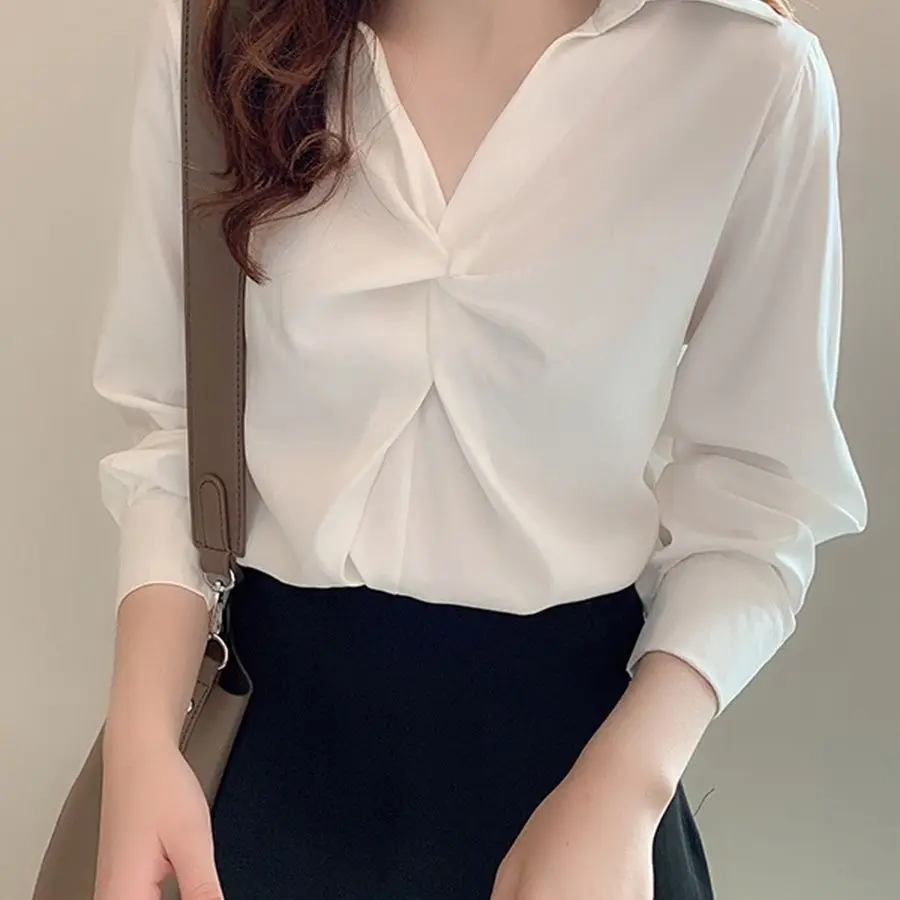 Spring Autumn Korean Version Chiffon White Shirt Women's Long Sleeved Retro Hong Kong Style V-neck Shirt Fairy Style Loose Top