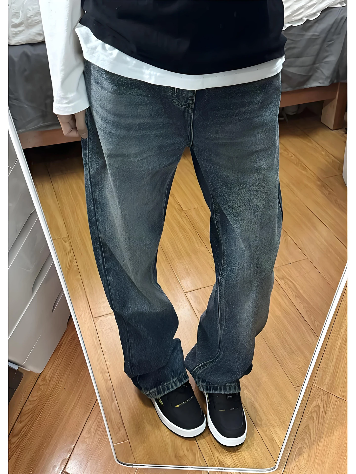 

Retro American Blue Fce Lined Thi Men's Jeans mid Waist Straight Leg Trousers Wear Resistant Casual Straight Fit Jeans