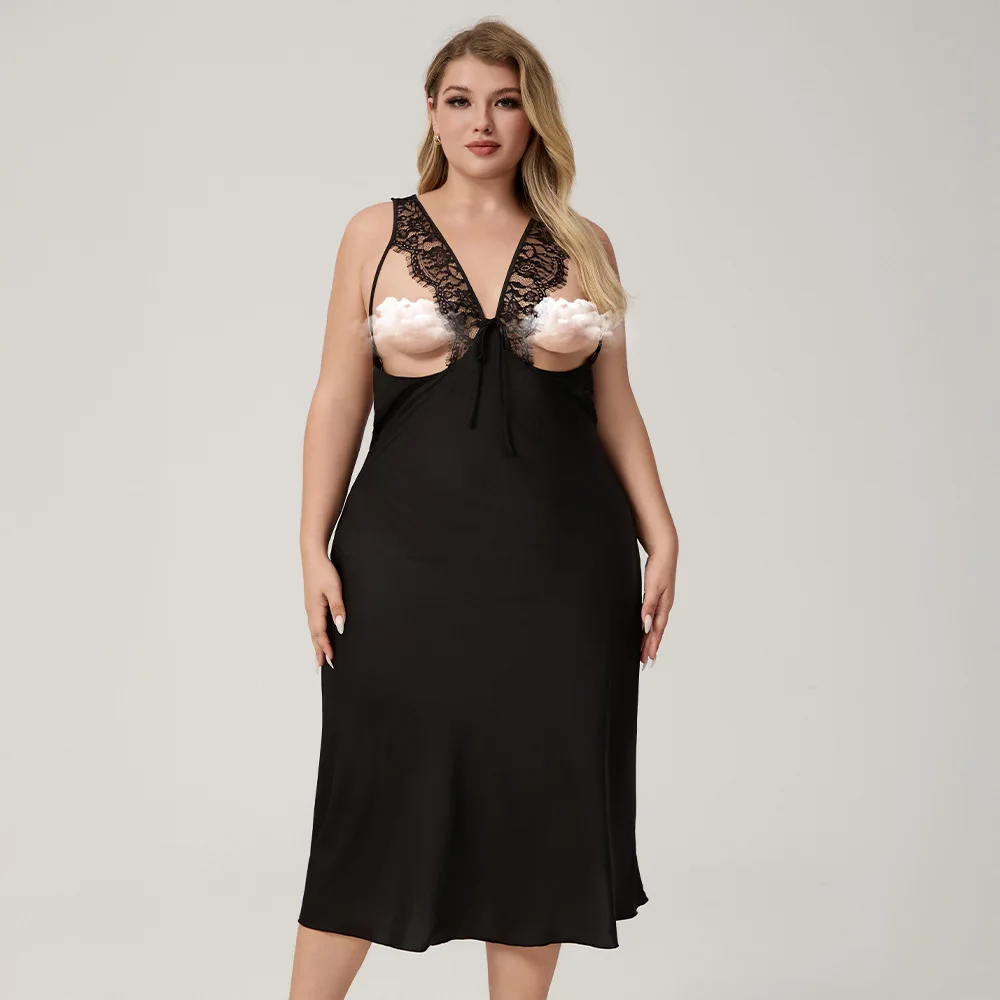 

Plus Size 5XL Black Women Nightgown Sexy Hollow Out Lace Spaghetti Strap Nightdress Homewear Loose Silk Satin Loungewear Nighty