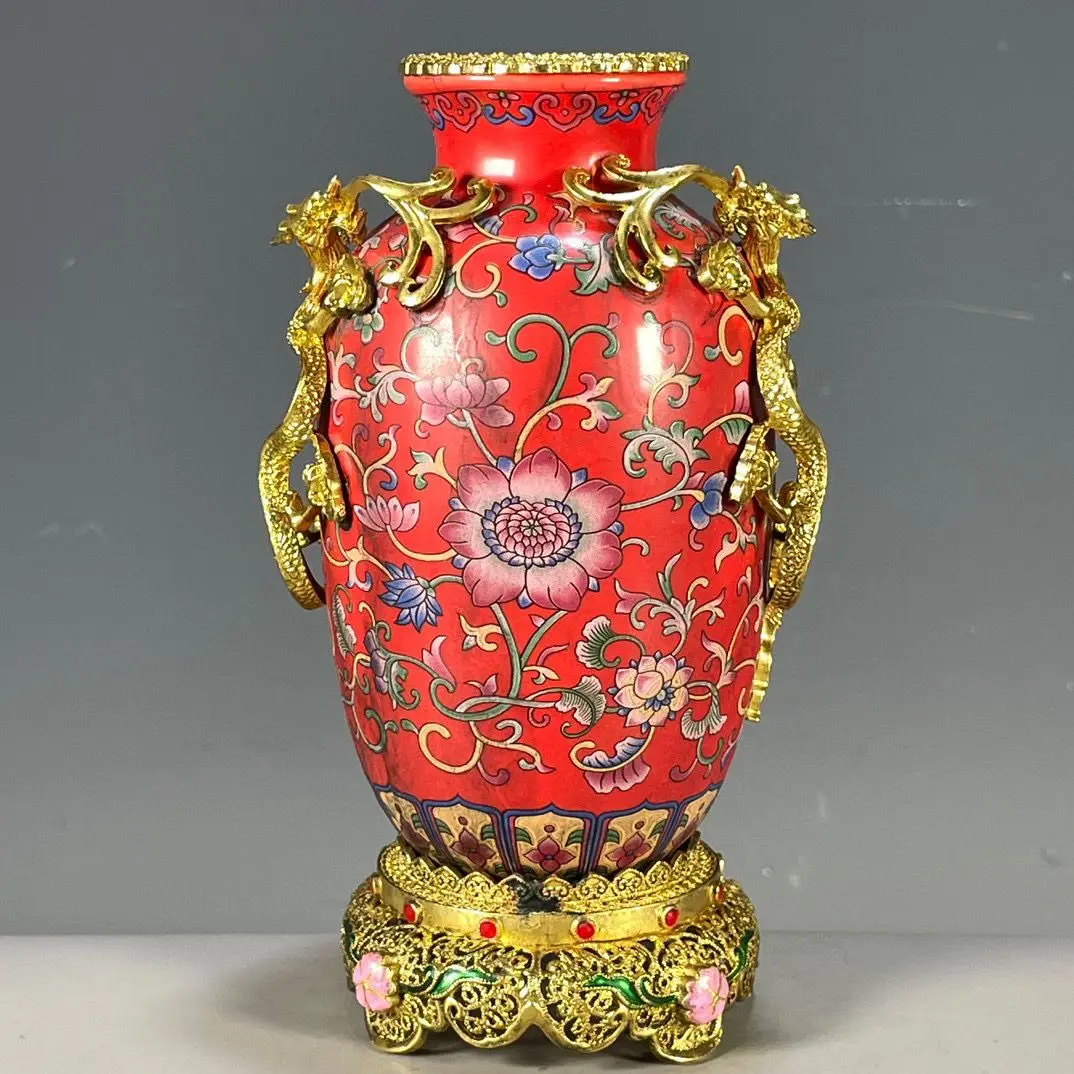Imitation of ancient Chinese porcelain, Qing Dynasty Qianlong copper inlaid pastel flower pattern vase ornament
