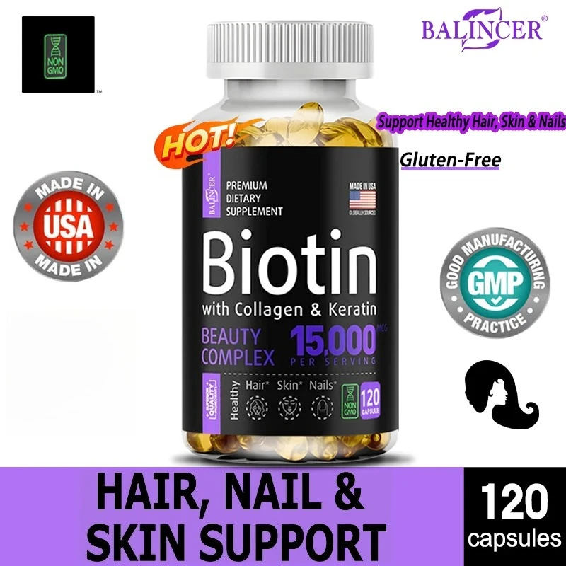 Balincer con biotina + colágeno + suplemento de queratina - para la salud del cabello, de la piel y de las uñas | No OGM, 120 Cápsulas