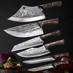 Carbon Steel Kitchen Knives Wooden Handle Cleaver Slicing Knife Hand Forged Blade Butcher Boning Knife Wood Handle Chef Knife