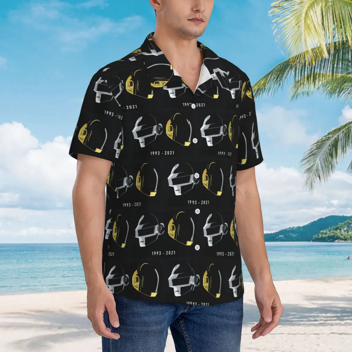 

Daft Punk Electronic Music Band Tribute Helmet Art Hawaiian Shirts Funny Men Short Sleeve Shirt for Summer Beach Men's Tops