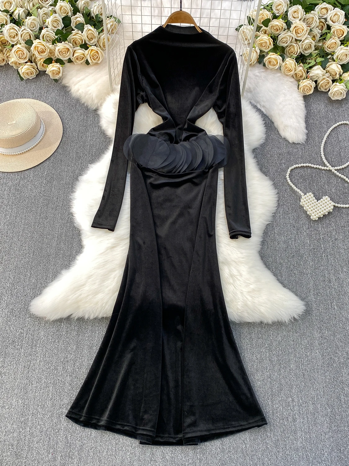 Ele Velvet ثوب نسائي بقصة ضيقة عالي Ne Dr Tee Dimensional بتلة مزخرفة ثوب حفلة Sle مضاد للبيلينغ #4