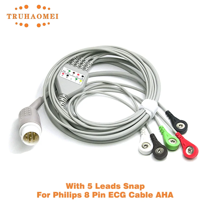 One Piece ECG Cable 8 Pin with 3 or 5 Leads Snap Type AHA Standard For Philips Monitor