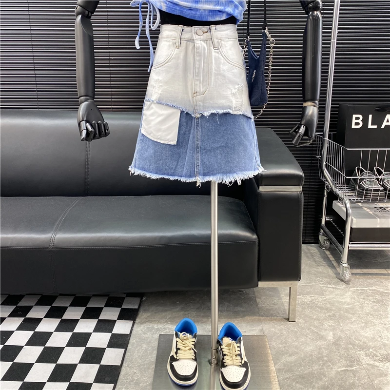 New 2022 fashion Designer new style Famous brand Washed Color contrast fake two pieces Denim skirt Casual High waist skirt