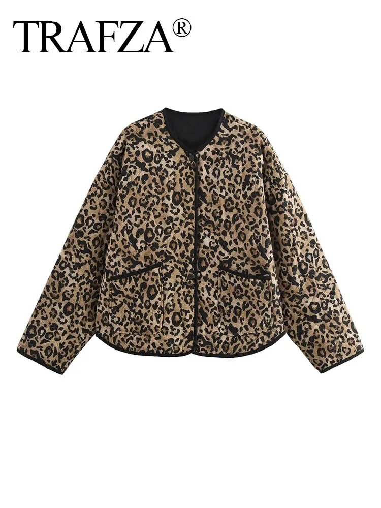 TRAFZA Women Fashion Leopard Print Winter Coat Long Sleeves Loose Single-Breasted Cardigan Coats Pockets Casual Woman Outercoat