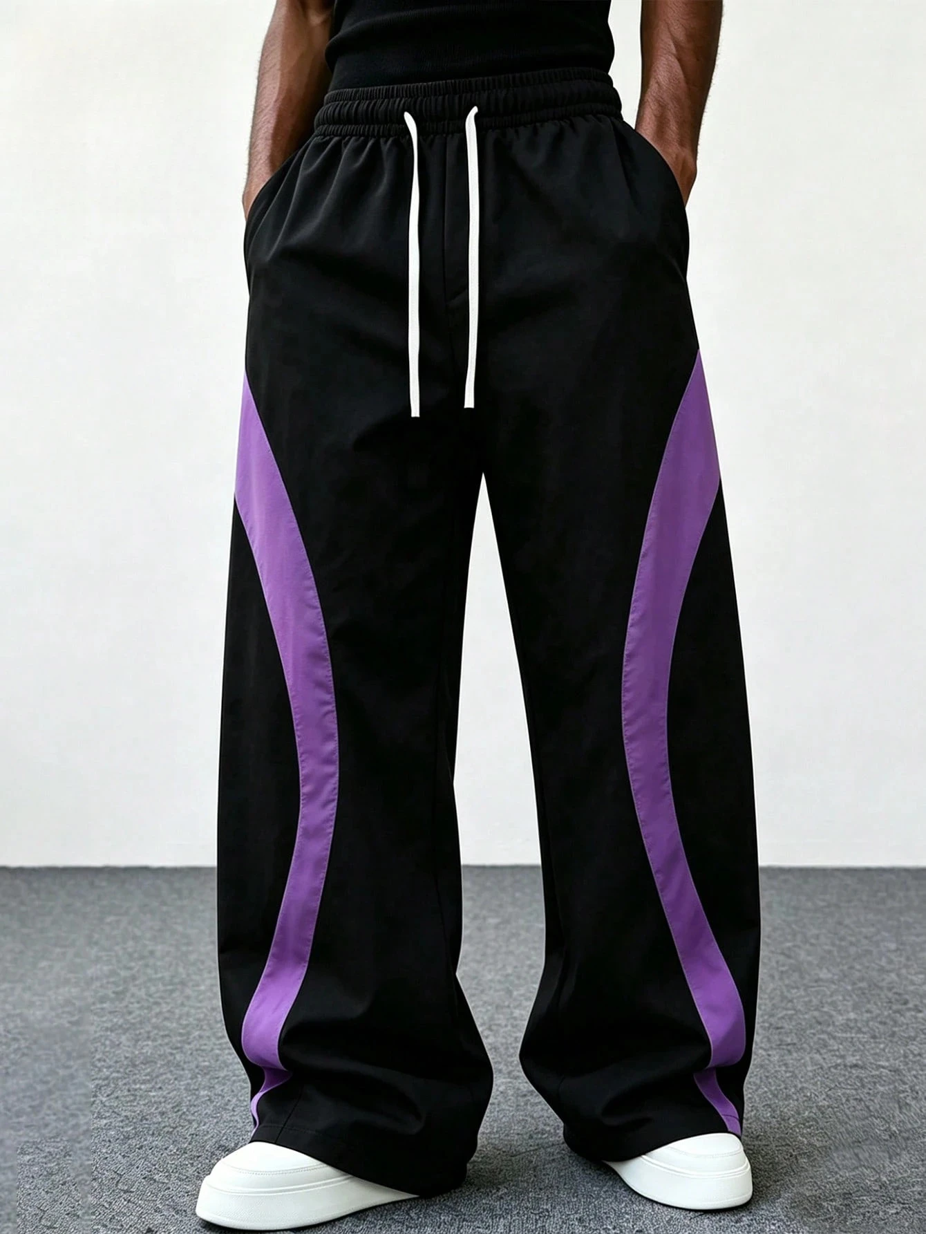 2026 Summer Color Block Track Pants Black Purple Curved Panel Drawstring Elastic Waist Loose Streetwear Casual Trousers Kids