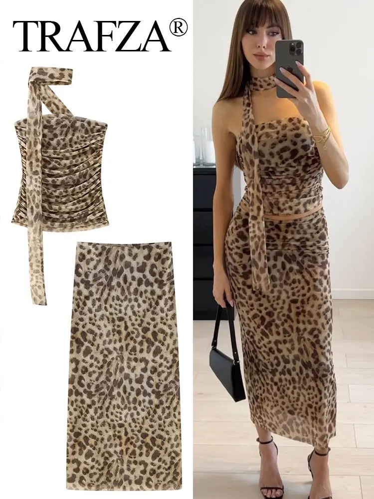 

TRAFZA 2024 Summer Women's Leopard Print Set Tulle Halter Neck Chi Pleated Tube Top + Wild Sexy Slim Female Long Skirt Street
