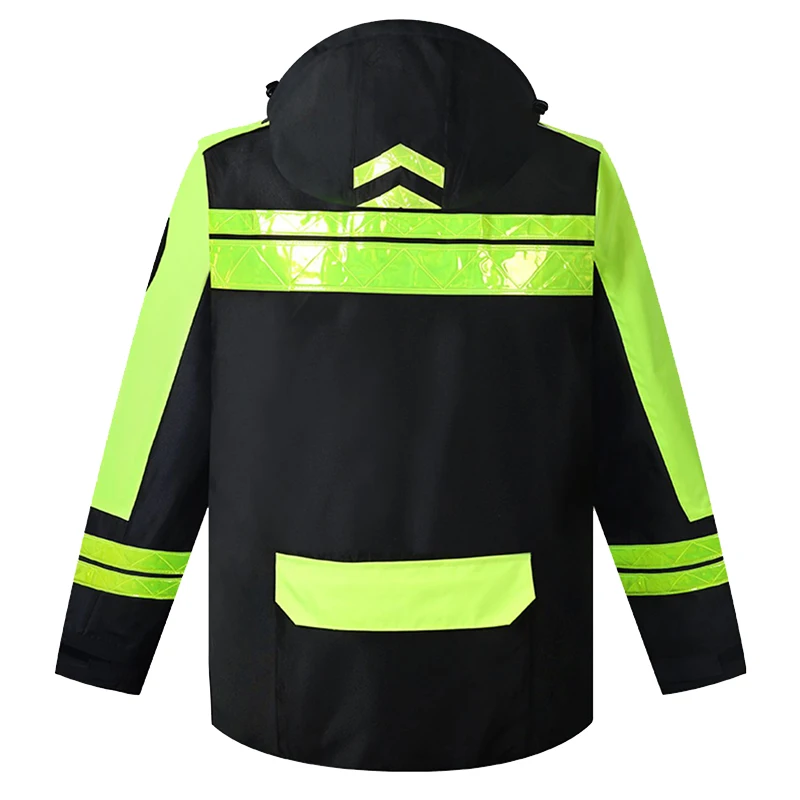 High Visibility Waterproof Rain Jacket Detachable Hat Safety Reflective Men Women Construction Workwear Thickened Cotton Jacket