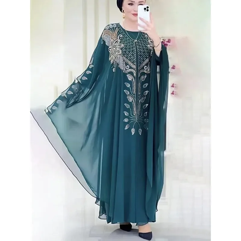 Szyfonowy Boubou Moda Muzułmańska Abaja 2-częściowy Zestaw Dubaj Turcja Sukienka Maxi Muzułmańskie Komplety Kaftan Marokański Odzież Islamska