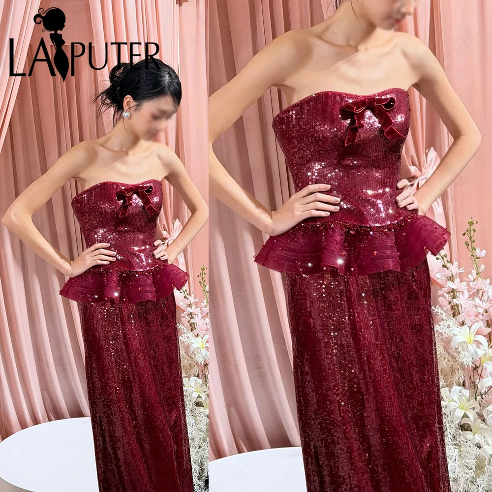 Burgundy Sequin Column Evening Dresses Floor Length Fit Body Prom Dress Tiny Bow Knot Corset Peplum Dark Red Formal Dress