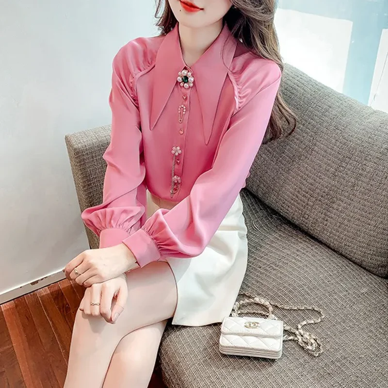 

Chic Point Collar Long Sleeve Chiffon Shirts Women Clothing 2026 Spring Summer New Beaded Design Sense Fashion Loose Shirt Tops