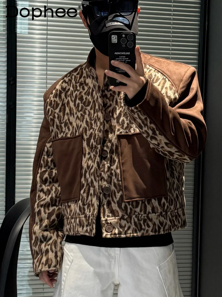 

Men's 2024 Autumn Winter New Personality Leopard Print Splicing Design Long Sleeve Jackets Trendy Fashion Versatile Retro Jacket