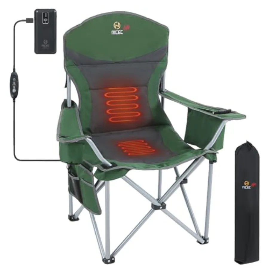 

Heated Camping Chair with Battery, Heated Outdoor Sports Chair, Folding Chairs, with Cooler Bag, Cup Holder, Carry Bag, 10000 m