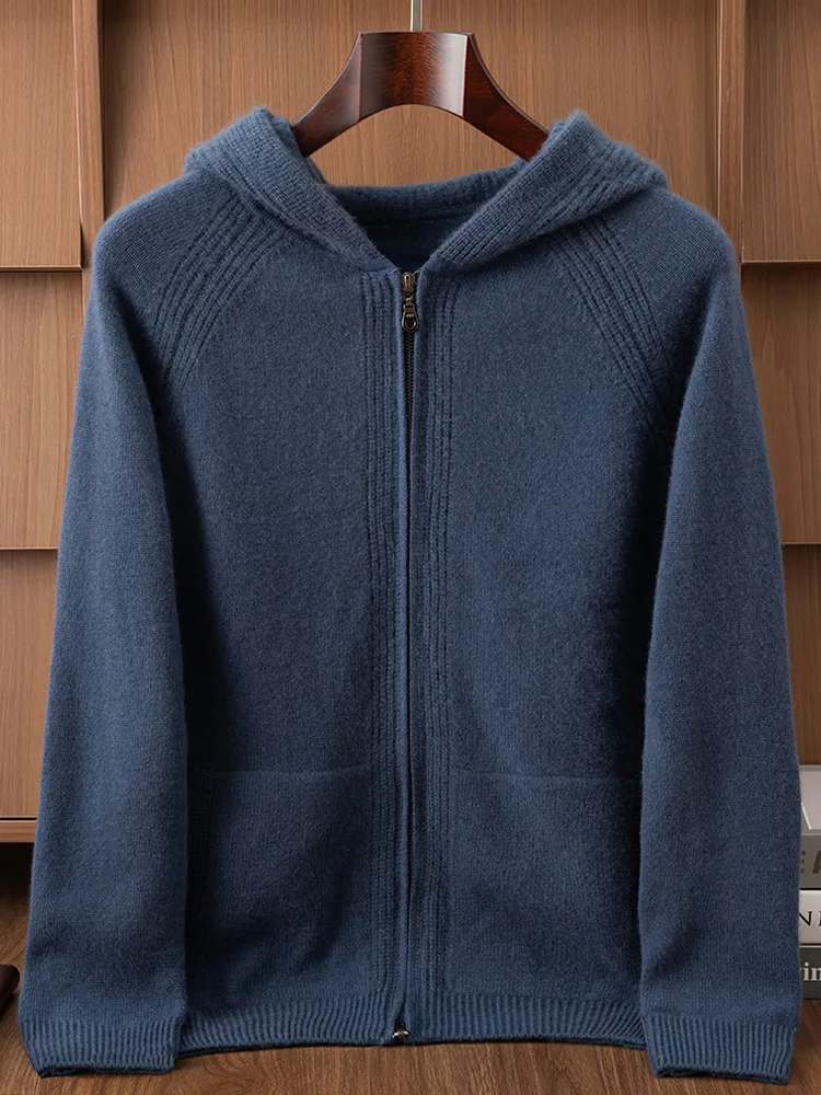 100% Cashmere Men's Hooded Cardigan Thickened Autumn Winter Casual Fashion Top Knitted Hoodie