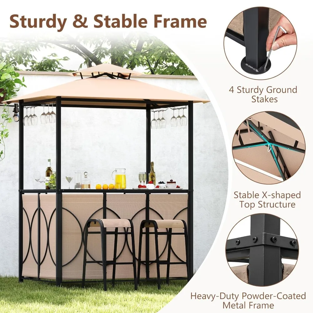 

3-Piece Patio Bar Set, Grill Gazebo & 2 Bar Stools with Tempered Glass Bar Table, Metal Storage Shelves, Glass, Customized