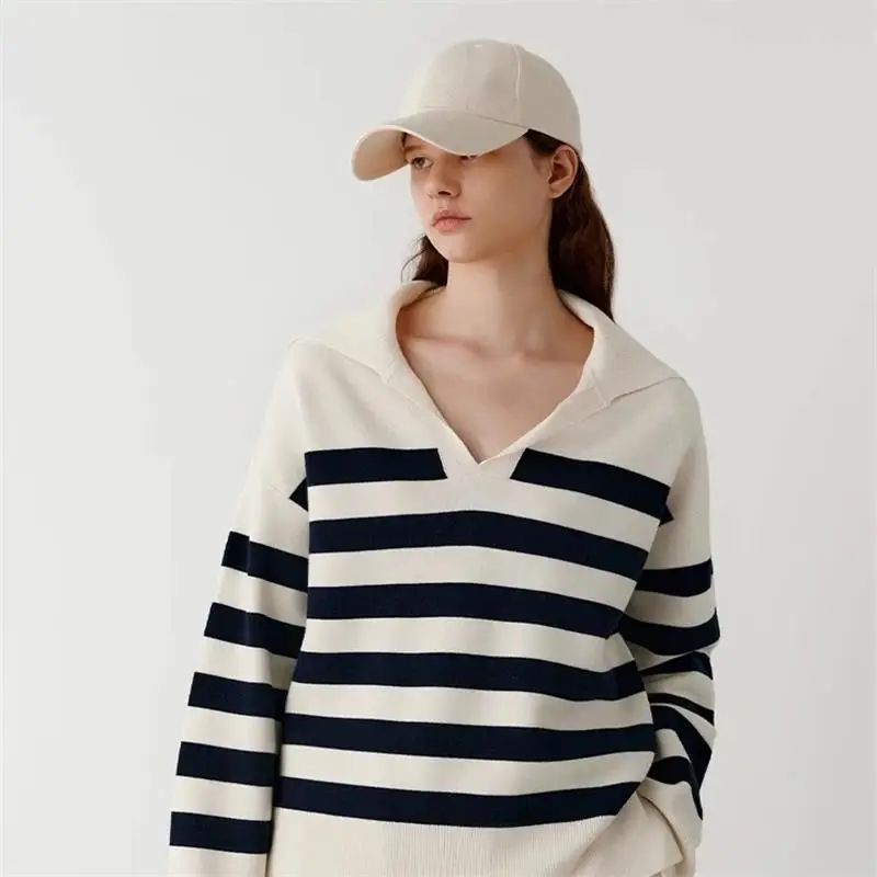 2024 Autumn and Winter New Loose Top Fashion POLO Neck Wide Striped Sweater Women's Casual Long-sleeved Pullover Base Shirt