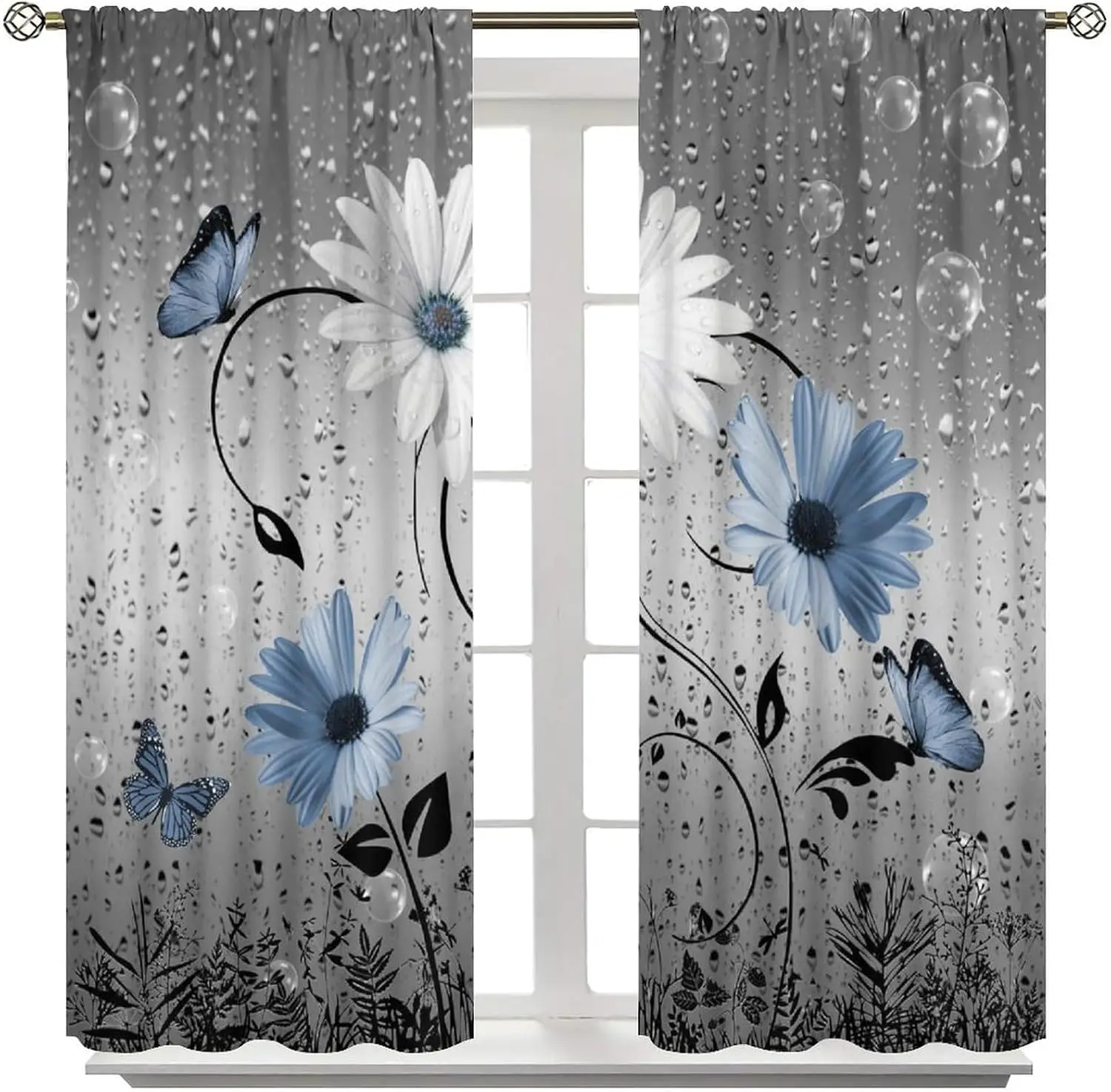 Grey Gradient Daisy Butterfly Theme Curtain 2 Panels Transparent Bubble Curved Vine Silhouette Base Living Room Minimalist Home