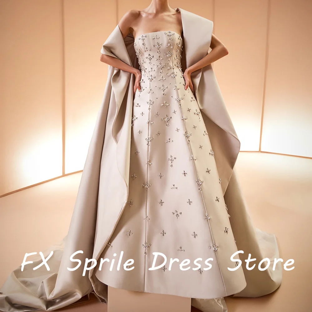 Customized Exquisite Satin Beading and Crystal Evening Dresses A-Line Watteau Train Floor Length Strapless Shawl Sleeveless Gown