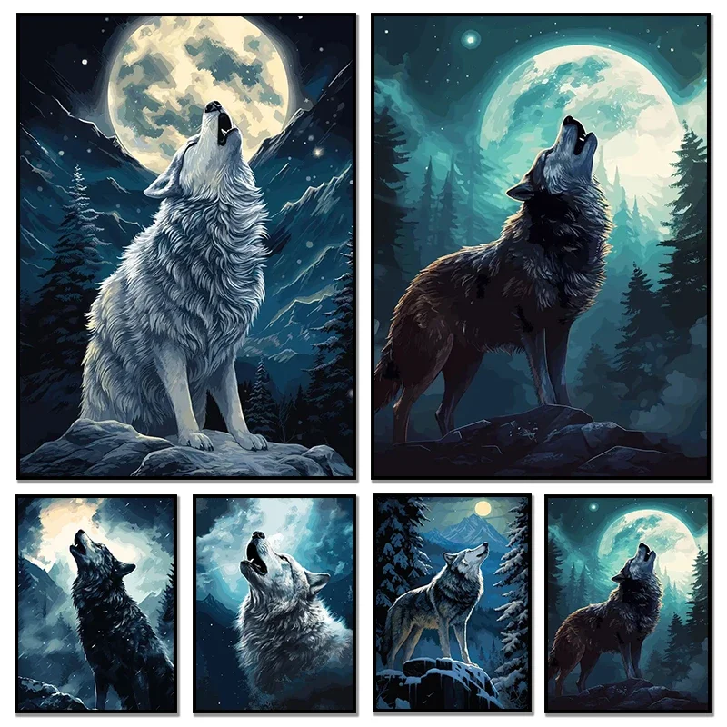 Modern Moon White Wolf Animal Poster Howling Wolf Prints Canvas Painting Wildlife Wall Art HD Picture for Living Room Home Decor