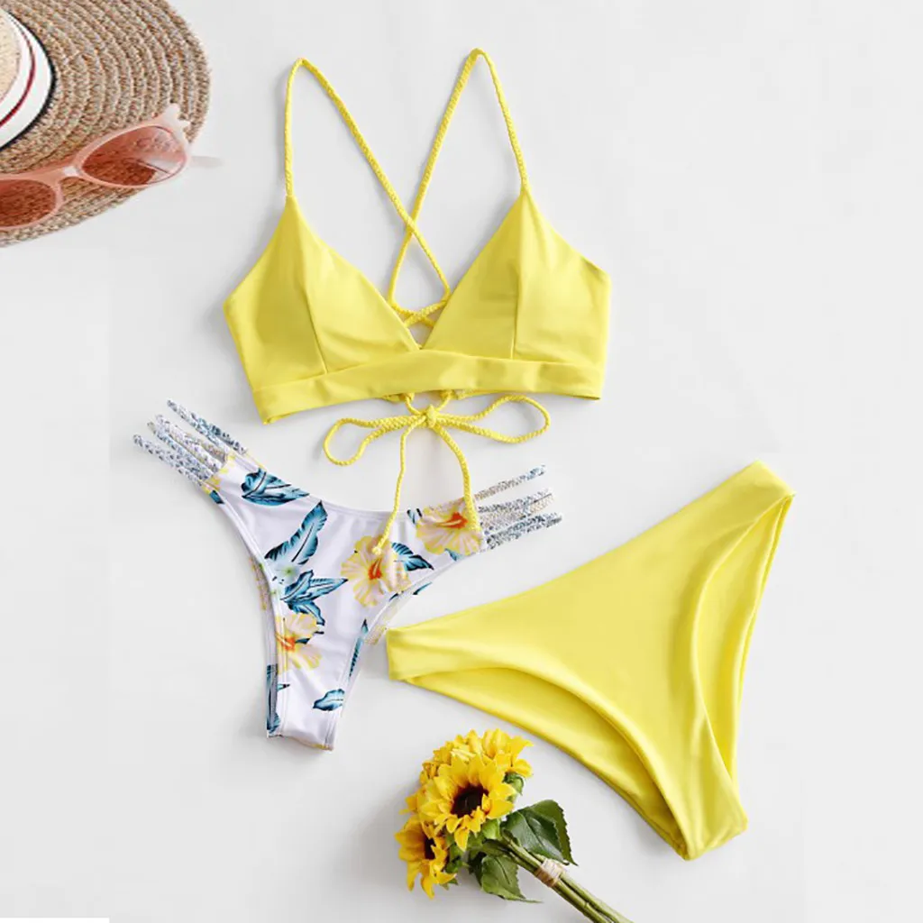 Bh Gevuld 3 Stuk Strandkleding Print Tweedelige Bikini Sets Vrouwen Badpak Kleding Set Biquini Tankini Zomer Mujer Badmode Pak