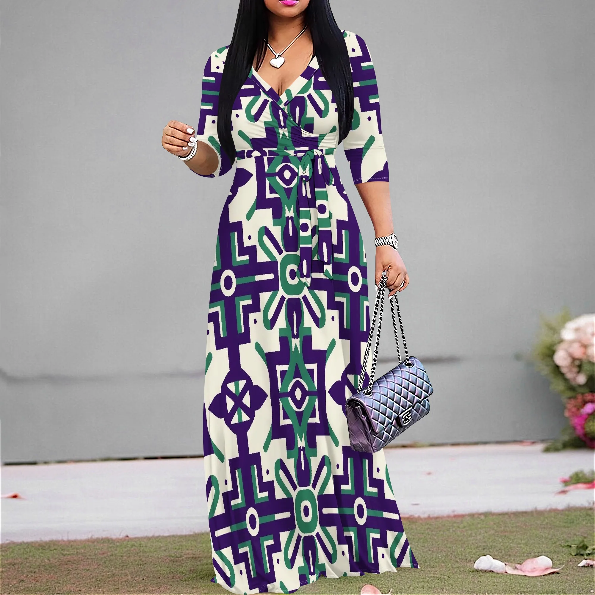 

Women's Tribal Print Maxi Dress V-Neck 3/4 Sleeve Plus Size Belted Summer Sundress XS-3XL