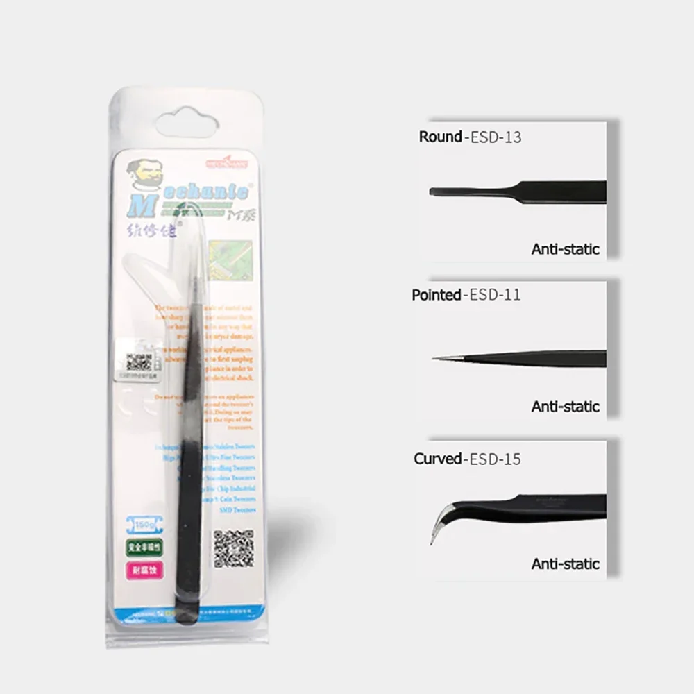 Pinzas de ESD-11 mecánico, de ESD-15 ESD-13, Punta curvada recta, cabeza redonda plana para bricolaje electrónico, Clip negro Antiestático de precisión