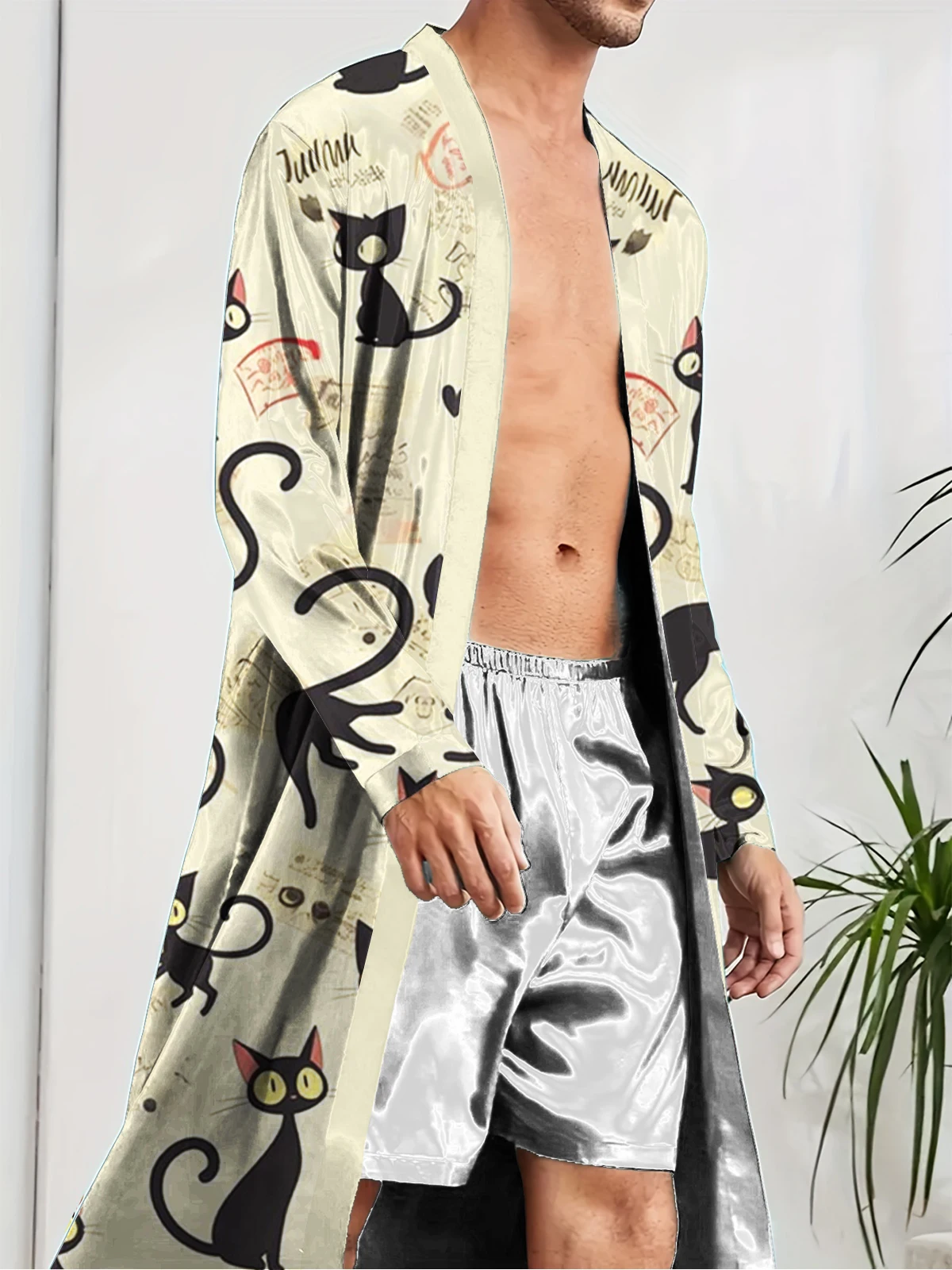 

Мужской халат для отдыха и развлечений с цифровой печатью и забавным спальным халатом с кошачьим узором для быстрого высыхания дома.