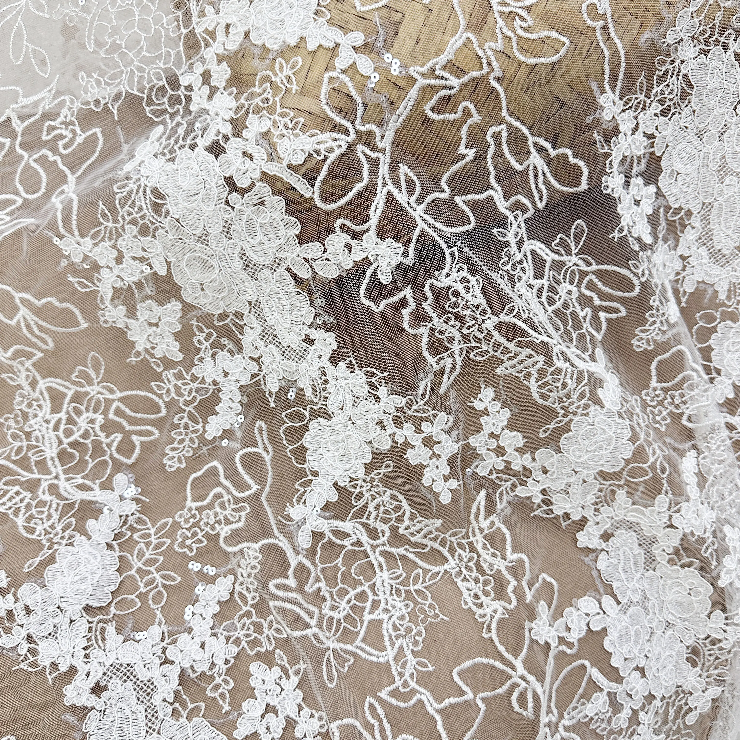 Classic lace fabric with stock thread, high-quality transparent sequin wedding lace