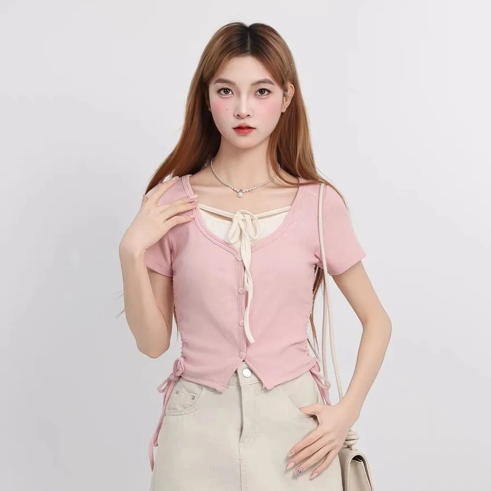 سترة علوية كورية ناعمة مكونة من قطعتين ملابس الشارع الجمالية برباط علوي قصير وحزام سباغيتي وأكمام قصيرة سترات خفيفة الوزن للنساء #1