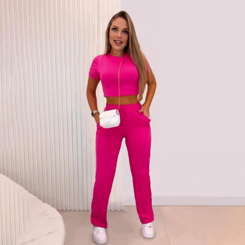 Short-sleeved Crop Top Outfit Women's Slim Fit Crop Top High Waist Pants Set for Sportswear Fitness Outfit Short Sleeves O Neck