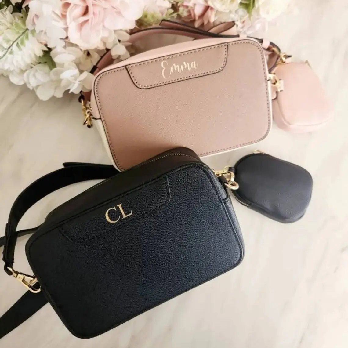 

Name Initial Camera Crossbody Bag with zip Pouch and Adjustable shoulder strap | Personalised Birthday or Bridal Party Gift| Bri