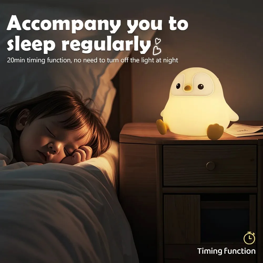 Cute Penguin Night Light LED Soft Dimmable Animal Silicone Nightlight Touch Control USB Bedside Lamp Room Decor Birthday Gifts