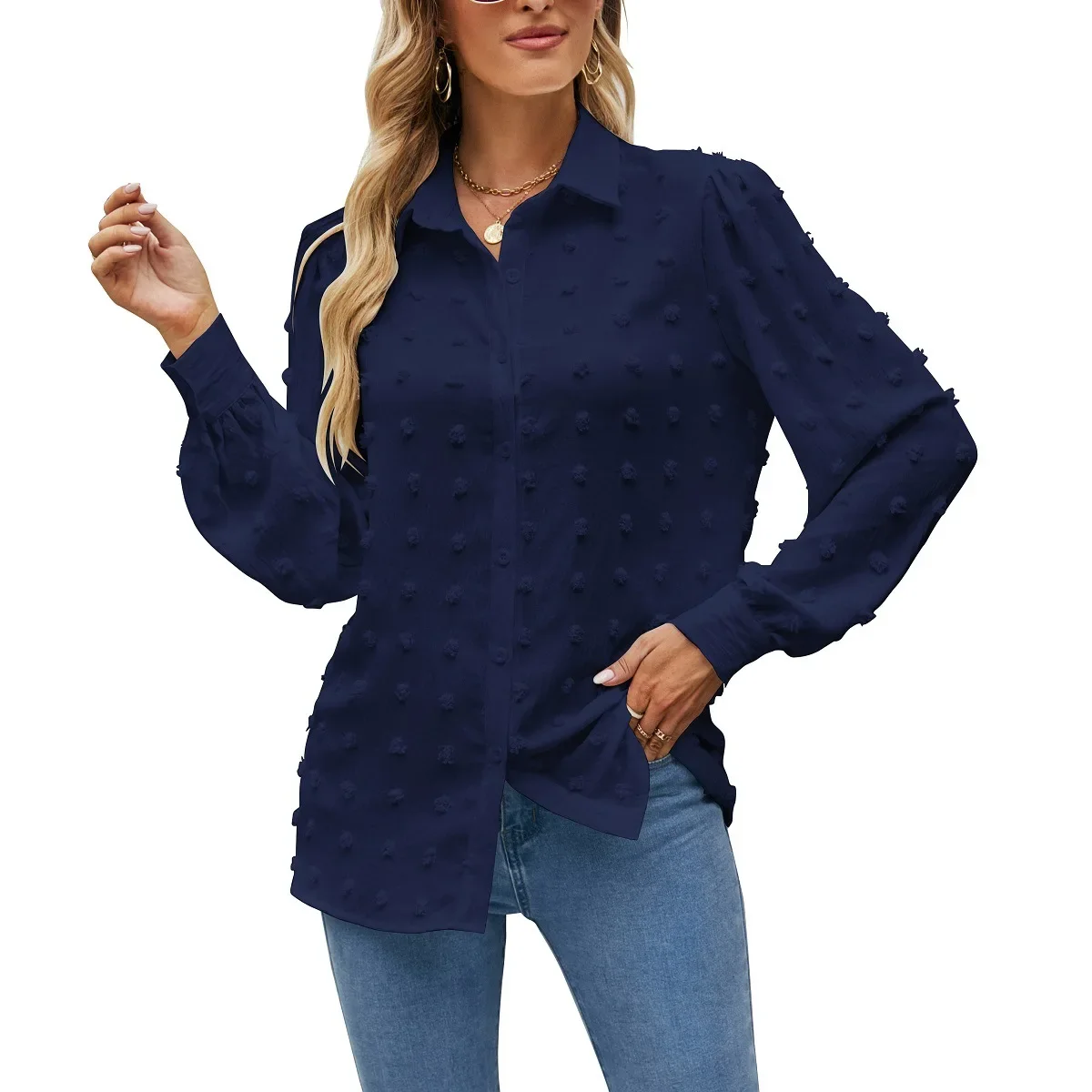 

2022 Fall New 3D Print Solid Color Puff Long Sleeve Ruched Lapel Shirt Fashion Woman Blouses 2022 Crop Top Shirts for Women