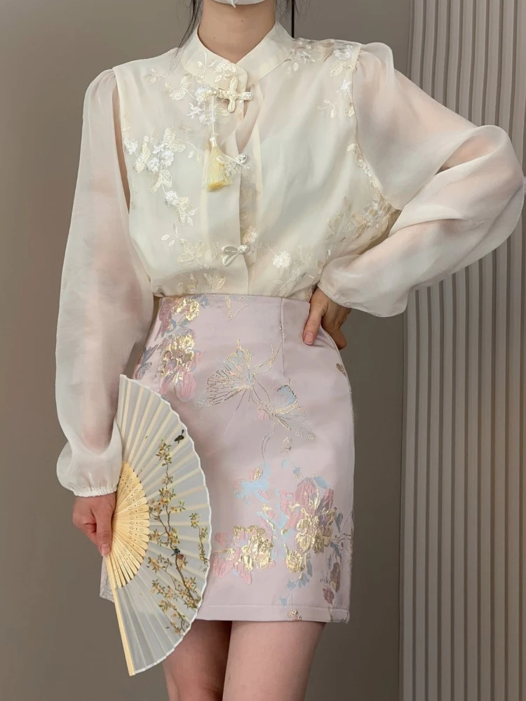 Chinese Style A-line Mini Skirt Women Jacquard Body-slimming High-waist Versatile Retro Detailed Craftsmanship Elegant Pattern
