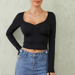 Spring Summer Crop Tops Women Solid Color Long Sleeve Low Cut Ruched Slim Fit T-shirts Ladies Casual Streetwear