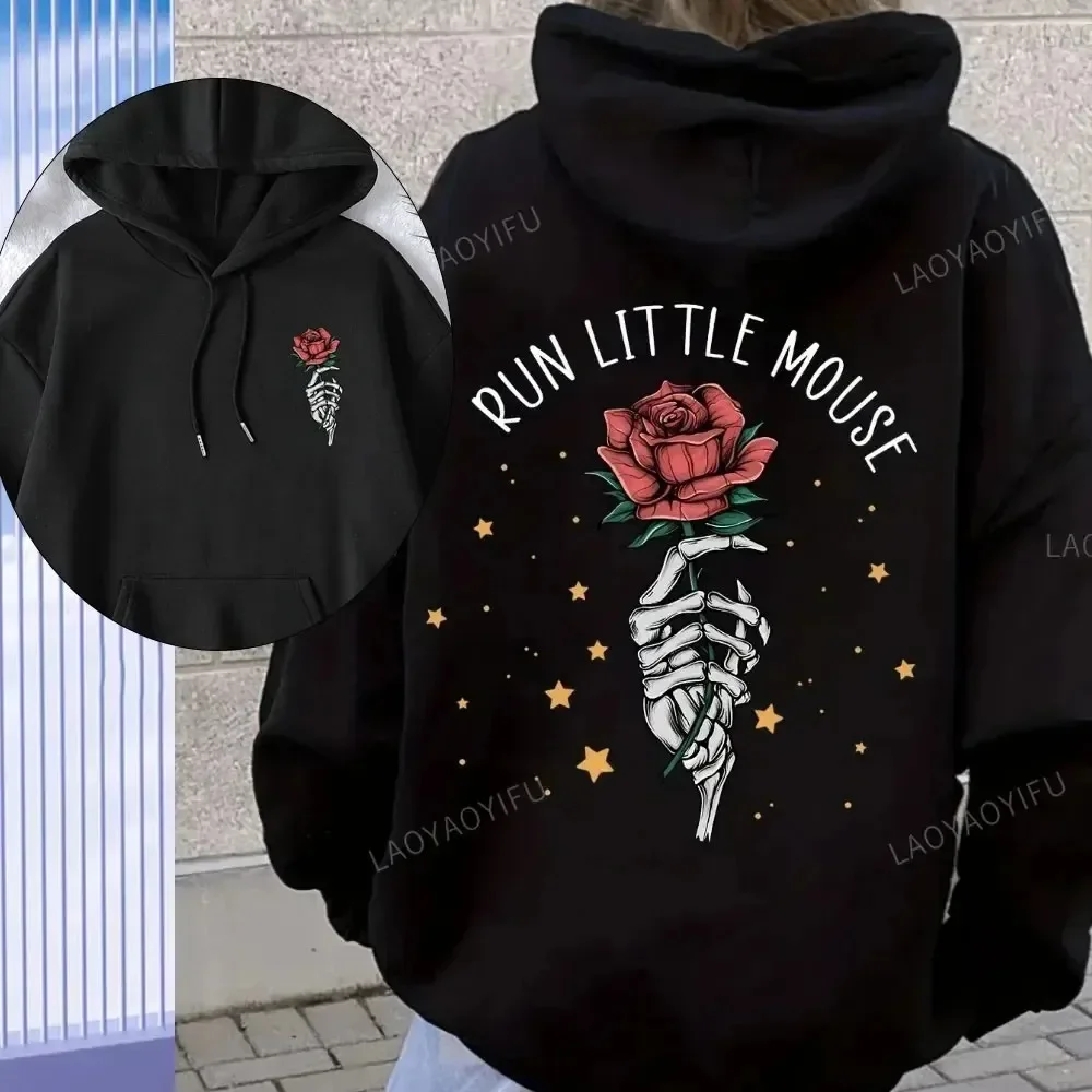 2024 Skeleton hand and Rose Graphic Print Hoodie Casual Hooded Sweatshirt For Winter Fall Women\'s Plus Size XS-3XL Clothing