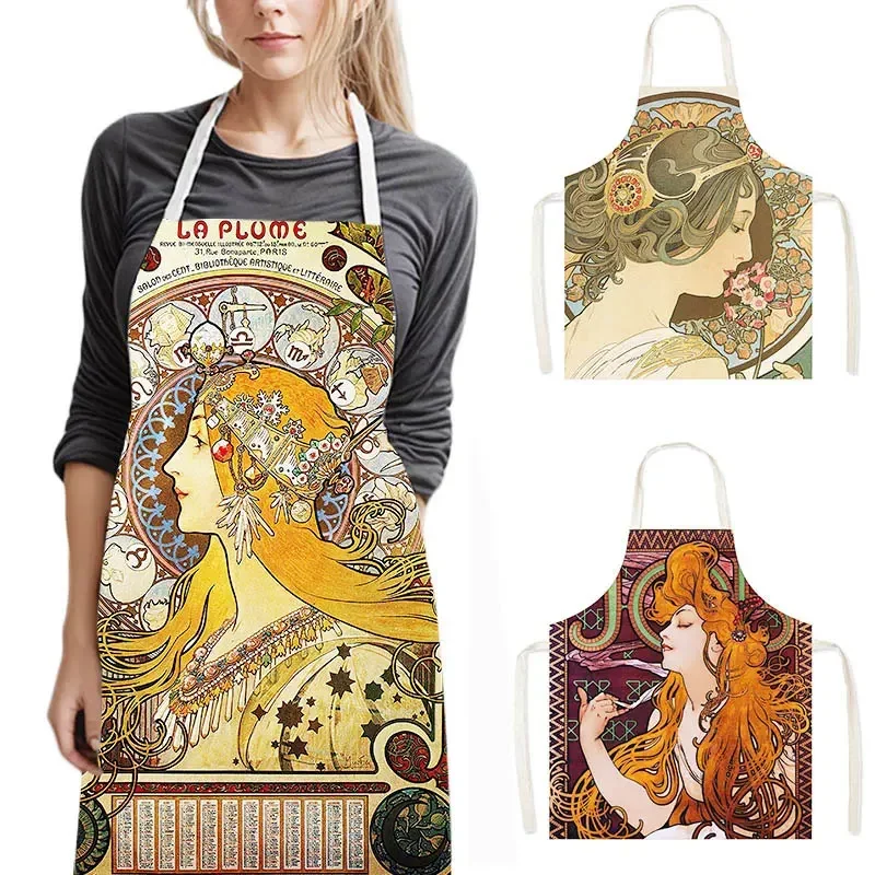Pintura a óleo por alphonse mucha impressão avental de cozinha para homens casa woment ferramentas de limpeza de cozimento chef garçom cozinha pinafore
