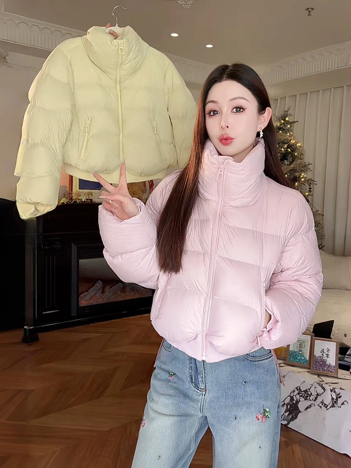 

XiaoXiao Yu Matte Texture High Elastici Ribbed Windproof Warm Stand Collar ort down Jaet White Du Feather Long Sve